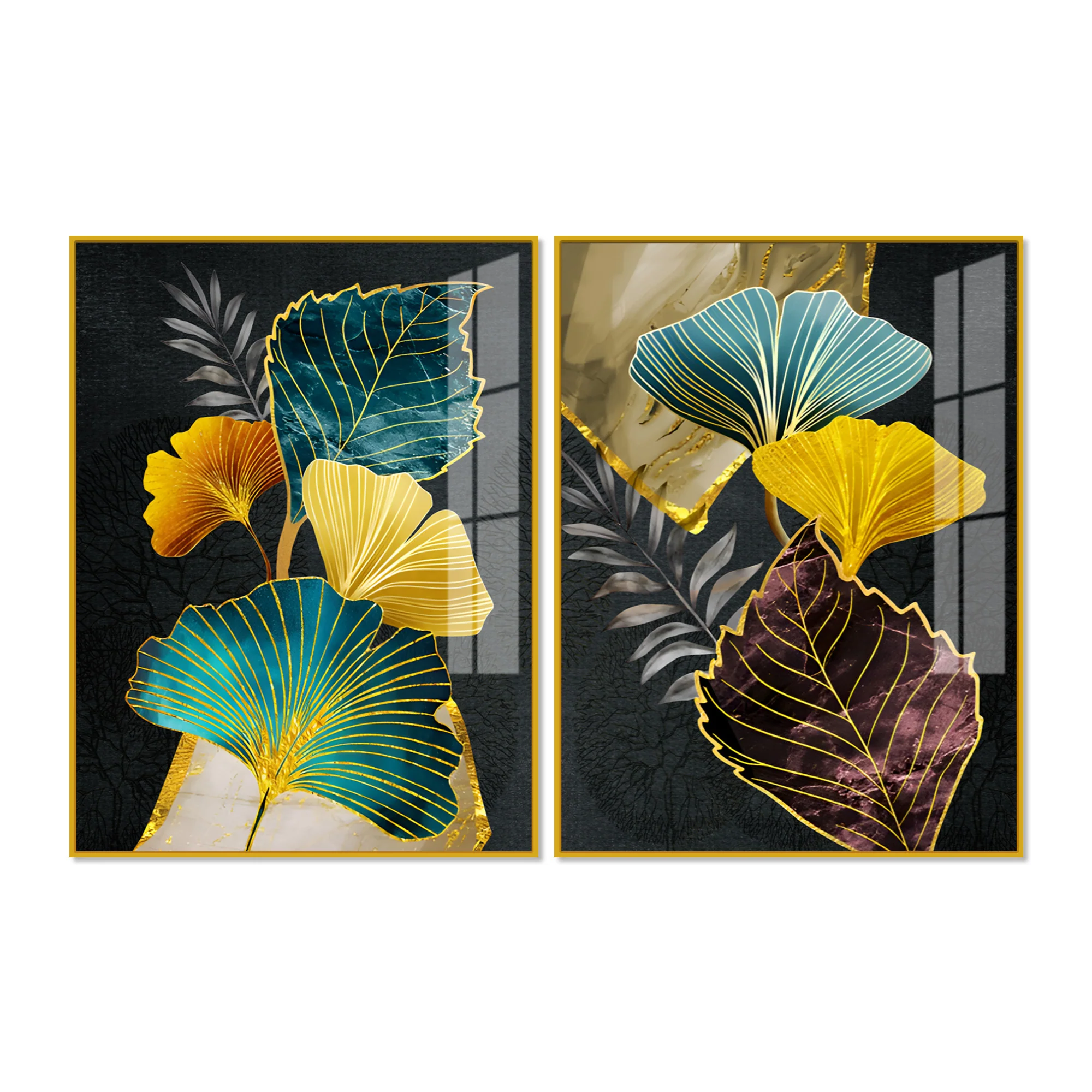 Colorful Ginkgo Leaves Acrylic Art Floating Wall Painting Set of 2 - Image 4