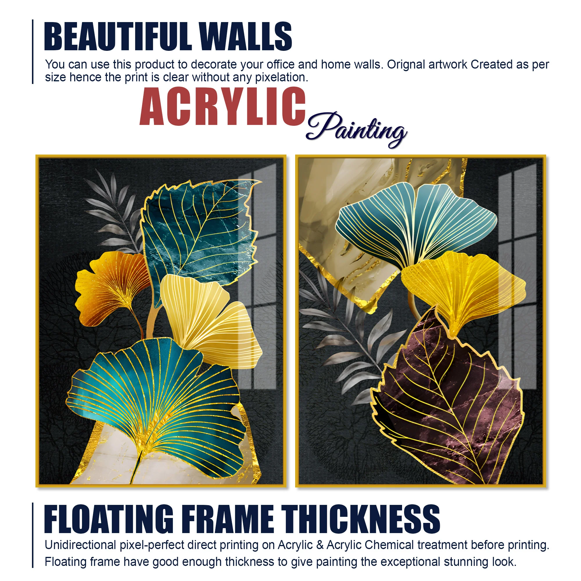 Colorful Ginkgo Leaves Acrylic Art Floating Wall Painting Set of 2 - Image 5
