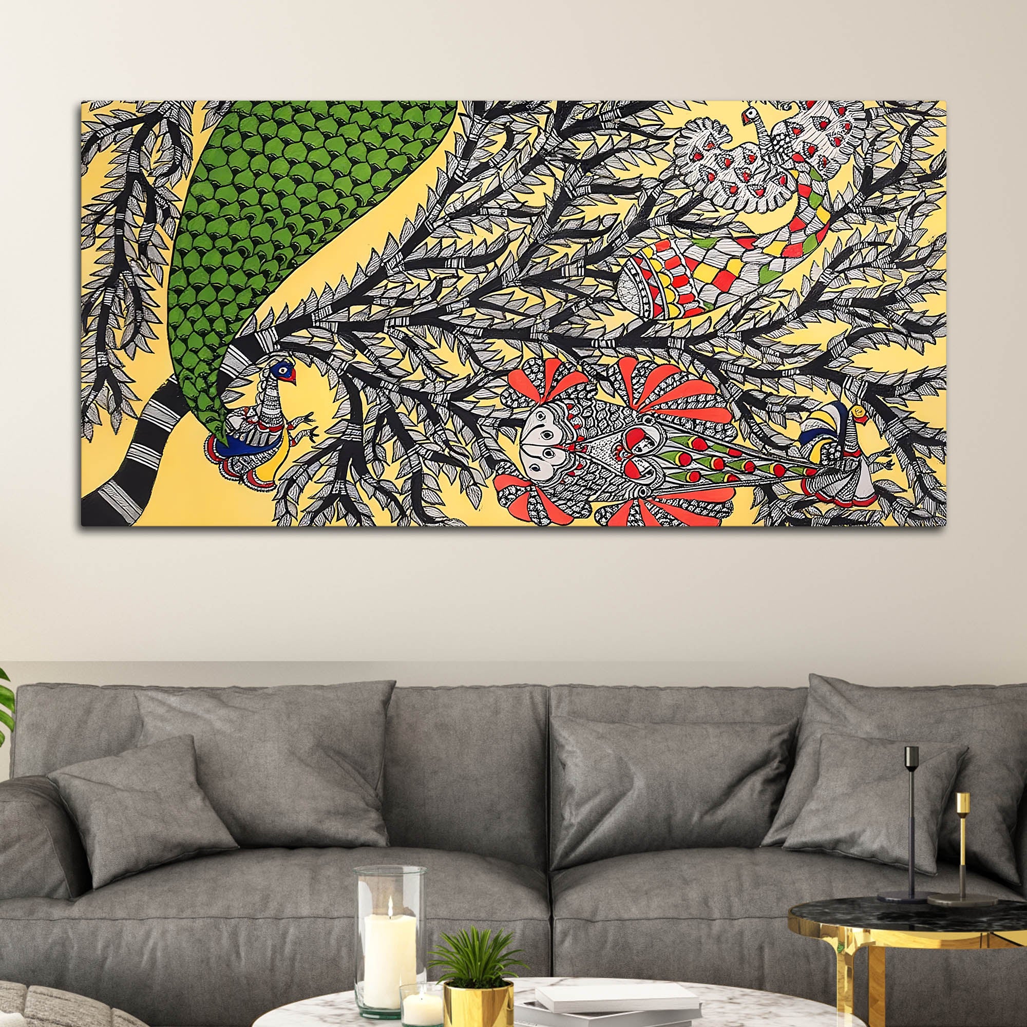 Colorful Indian Madhubani Canvas Wall Painting - Image 3