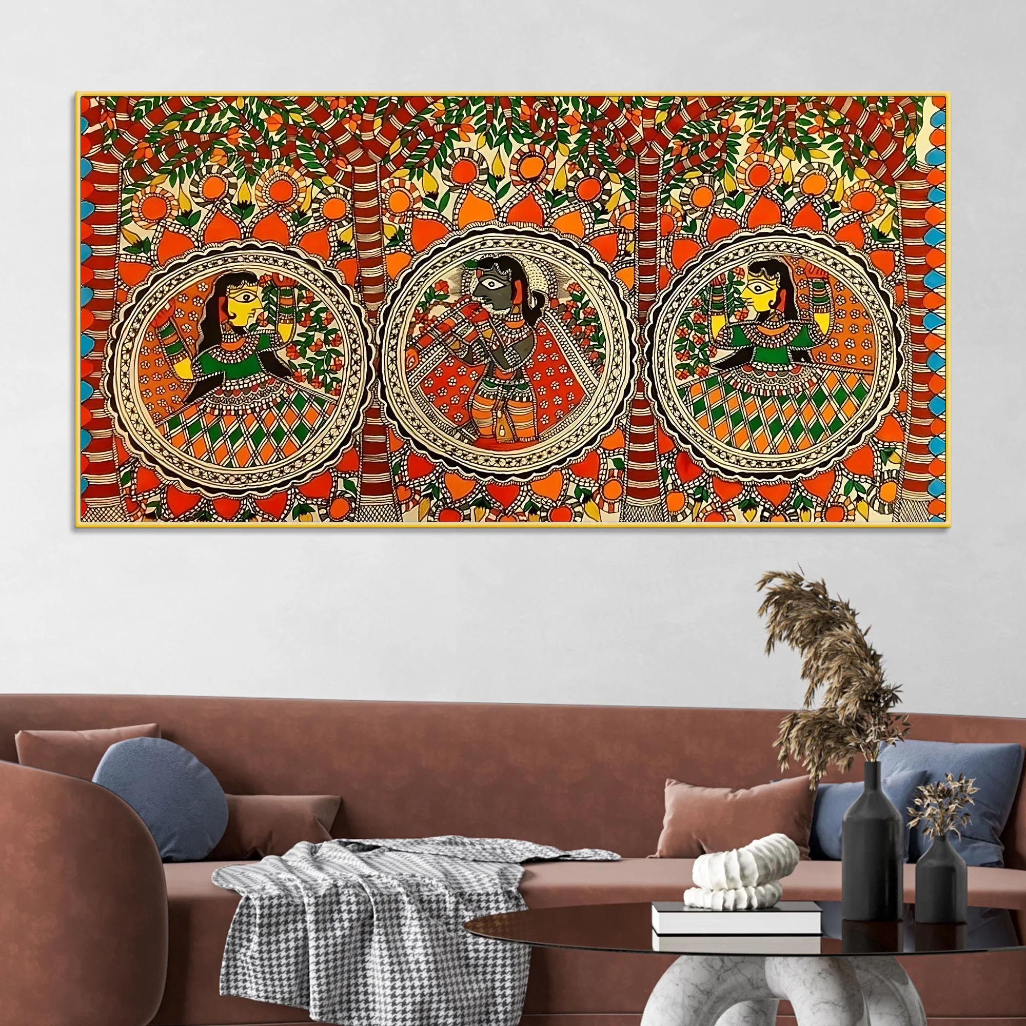 Colorful Madhubani Krishna Leela Canvas Wall Painting