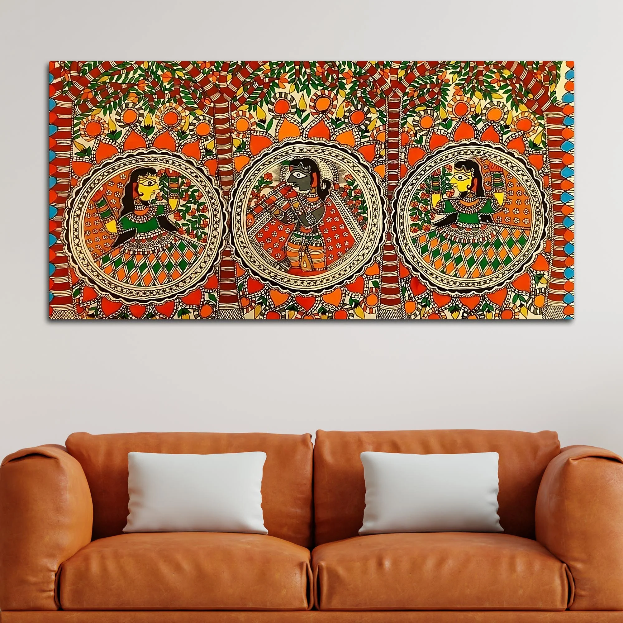Colorful Madhubani Krishna Leela Canvas Wall Painting - Image 3