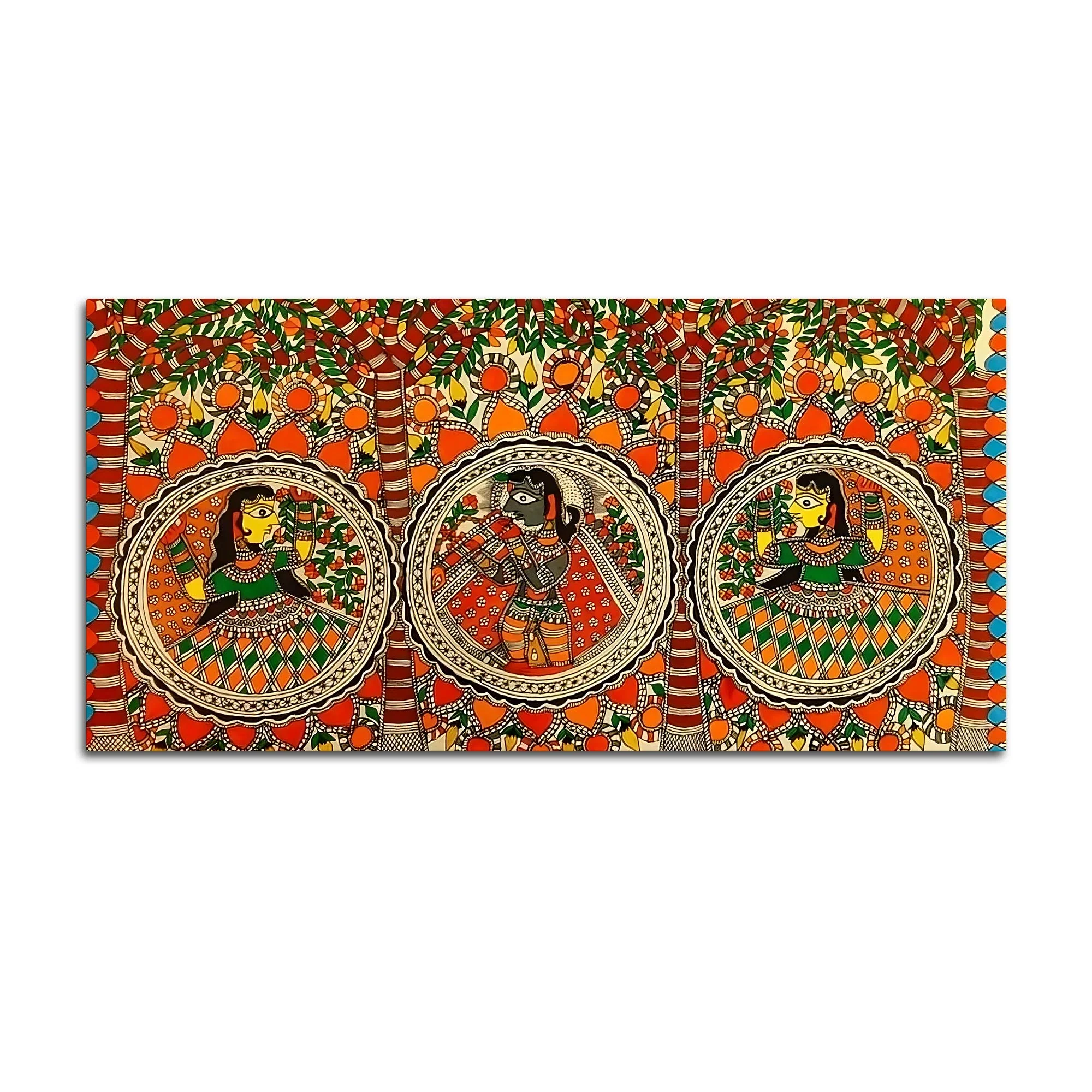 Colorful Madhubani Krishna Leela Canvas Wall Painting - Image 4