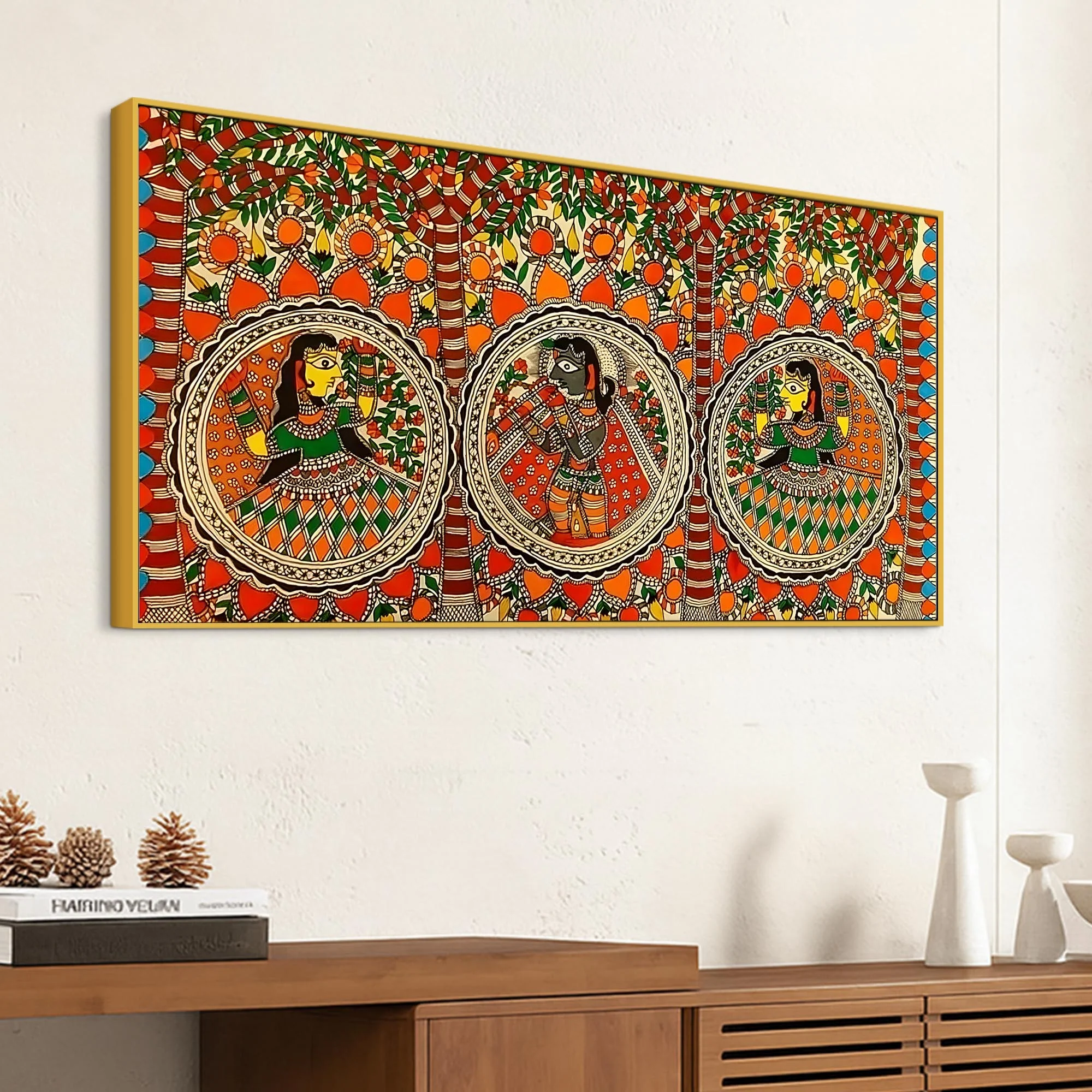 Colorful Madhubani Krishna Leela Canvas Wall Painting - Image 5