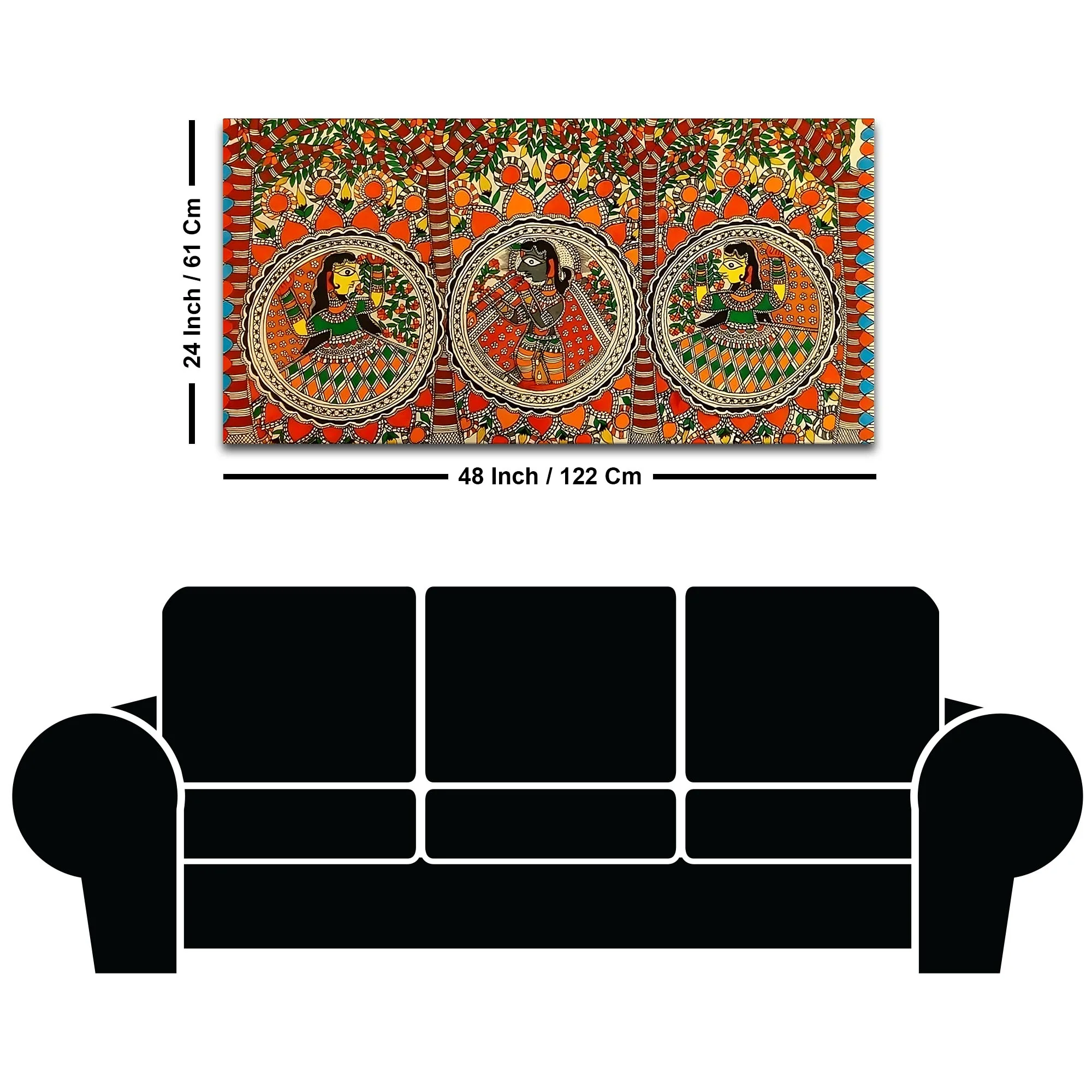 Colorful Madhubani Krishna Leela Canvas Wall Painting - Image 8