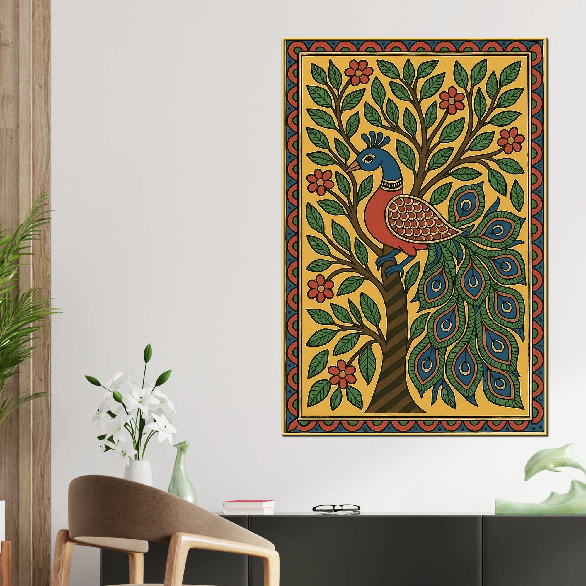 Colorful Madhubani Peacock Artwork Canvas Painting