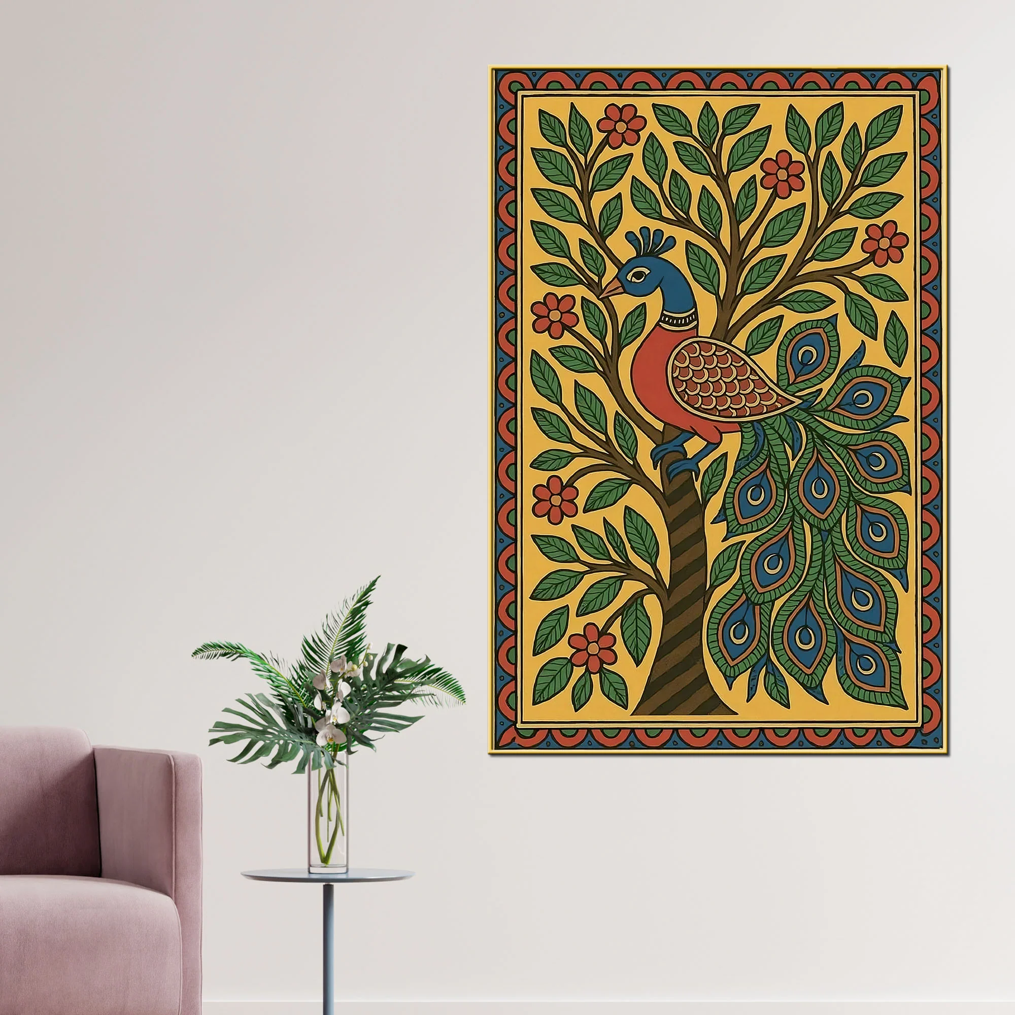 Colorful Madhubani Peacock Artwork Canvas Painting - Image 2