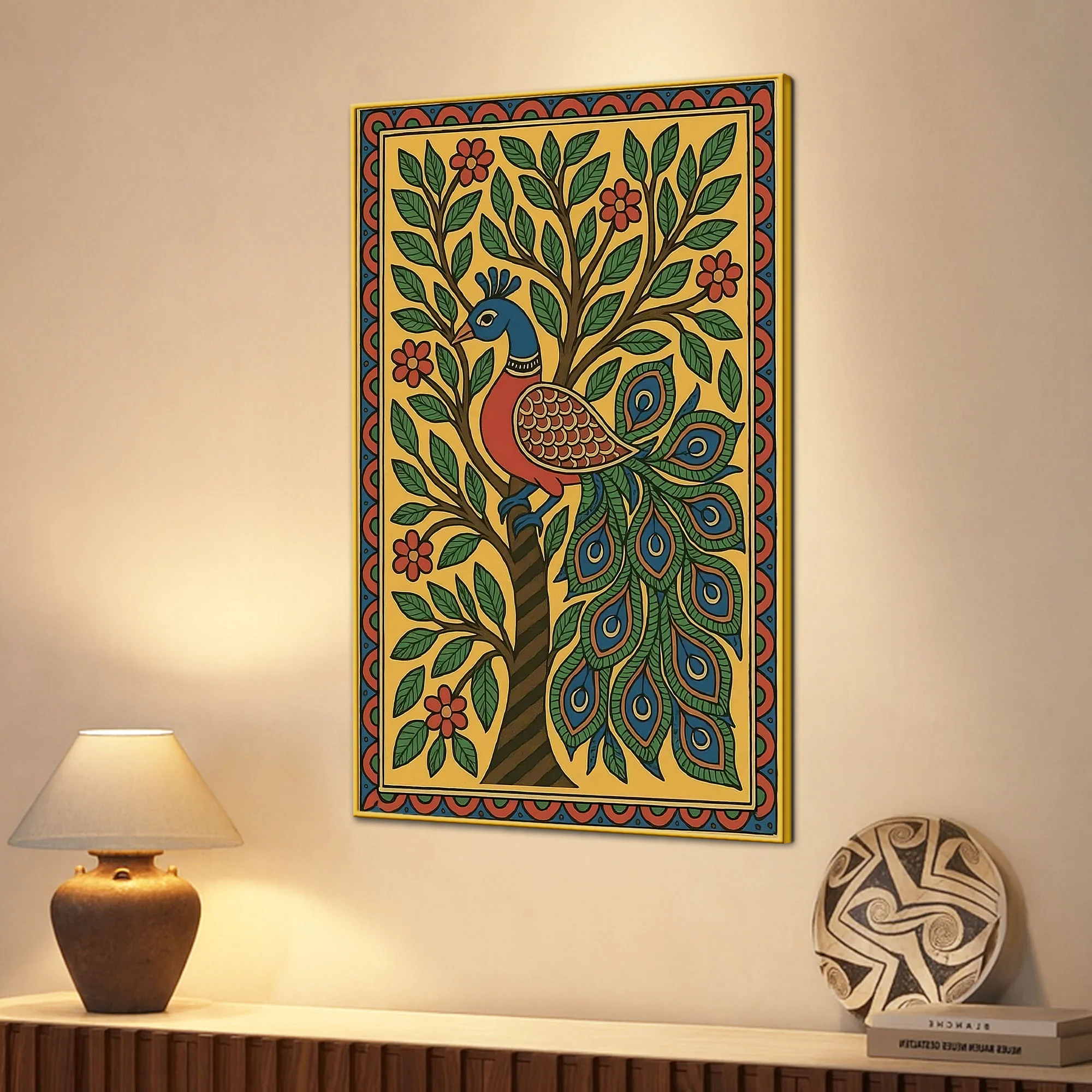 Colorful Madhubani Peacock Artwork Canvas Painting - Image 3