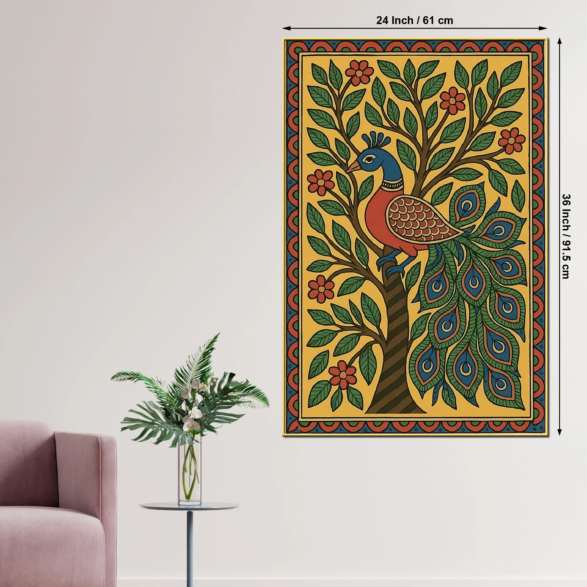 Colorful Madhubani Peacock Artwork Canvas Painting - Image 5