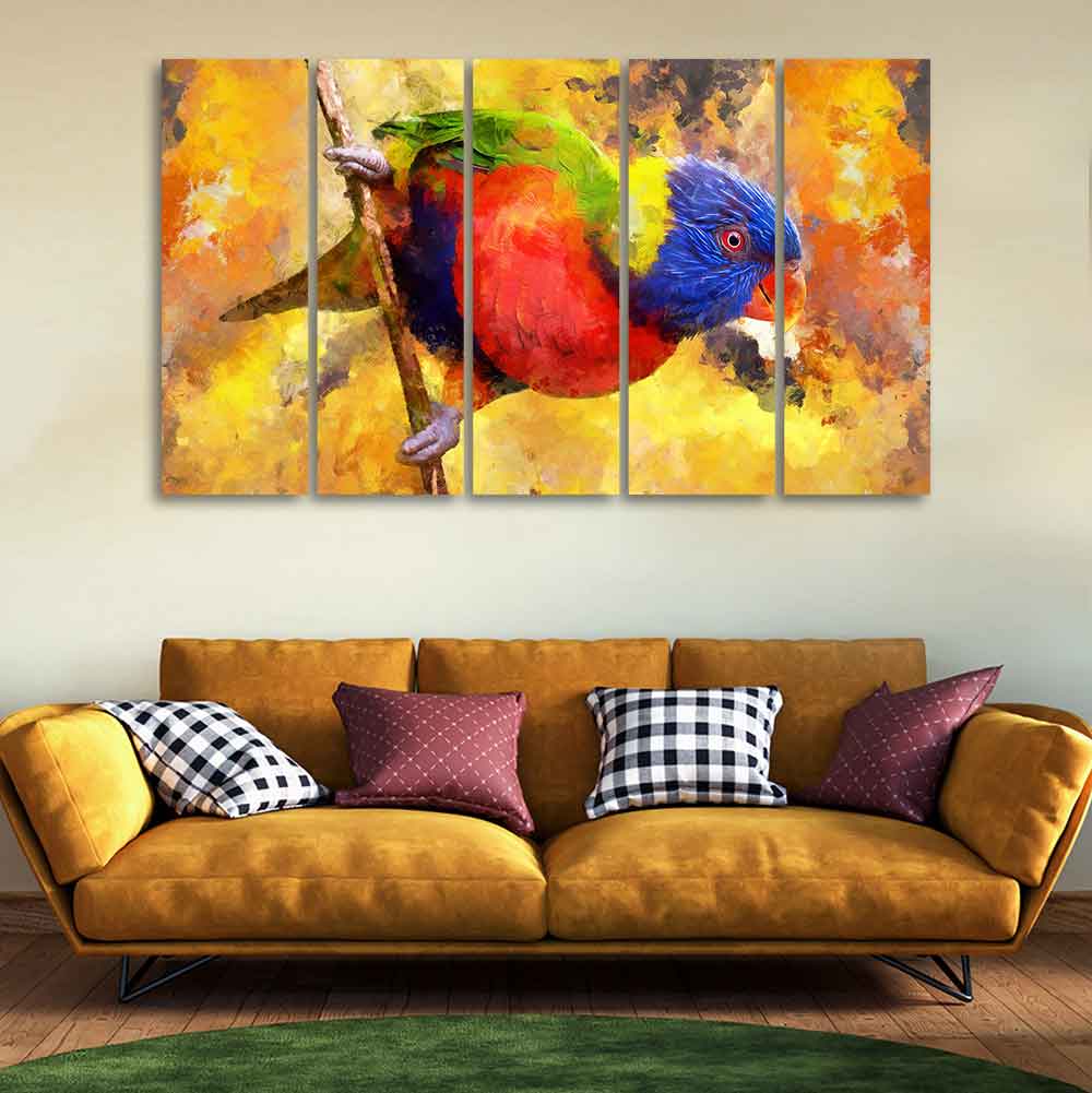 Colorful Parrot Abstract Art Canvas wall Painting of Five Pieces - Image 2
