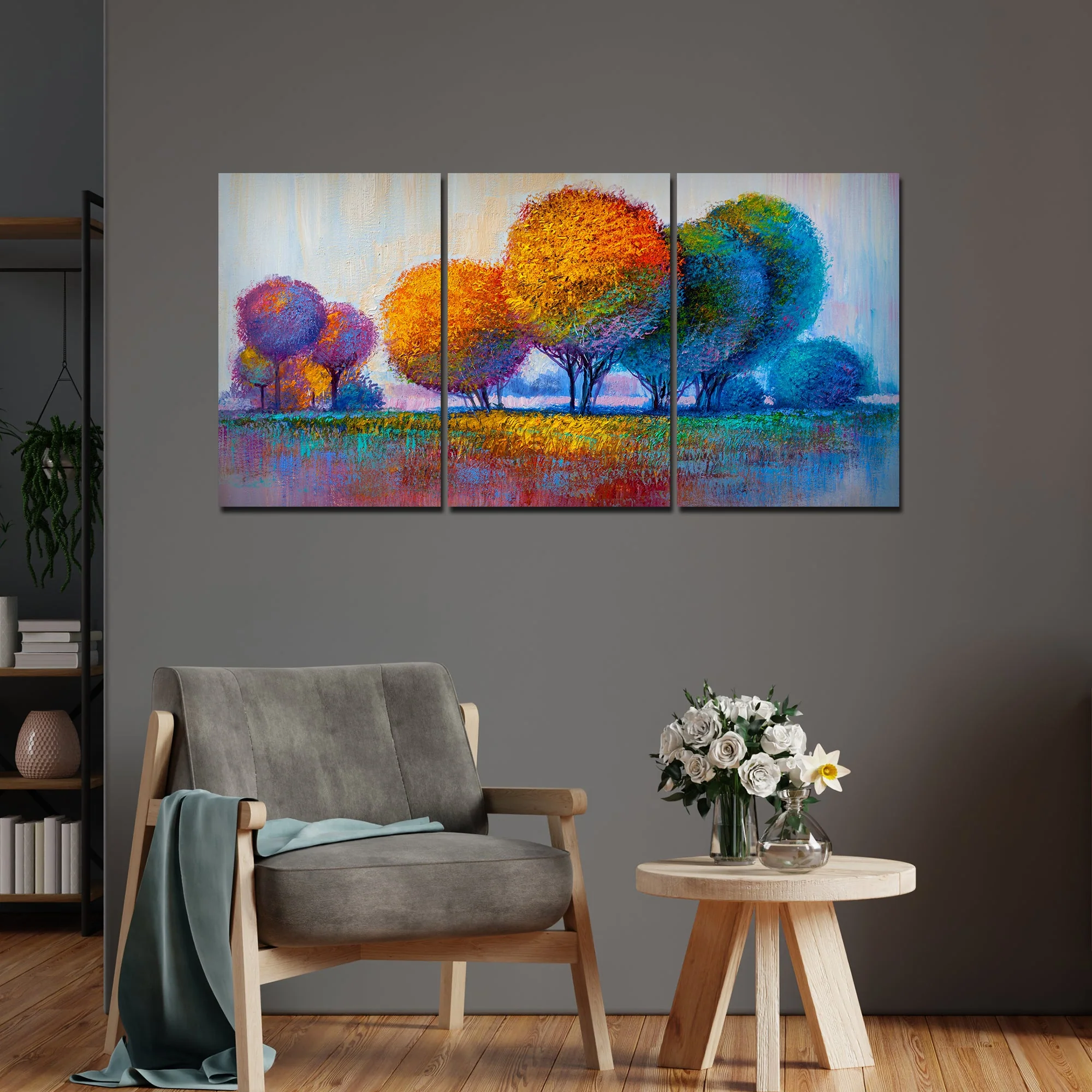Colorful Round Trees Canvas Wall Painting of 3 Pieces - Image 2