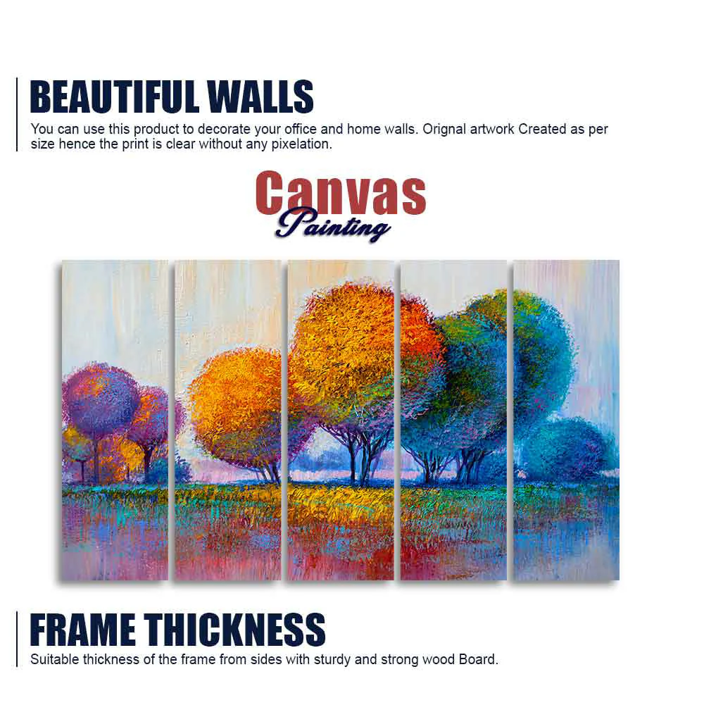 Colorful Trees Premium Canvas Wall Painting of Five Pieces - Image 5