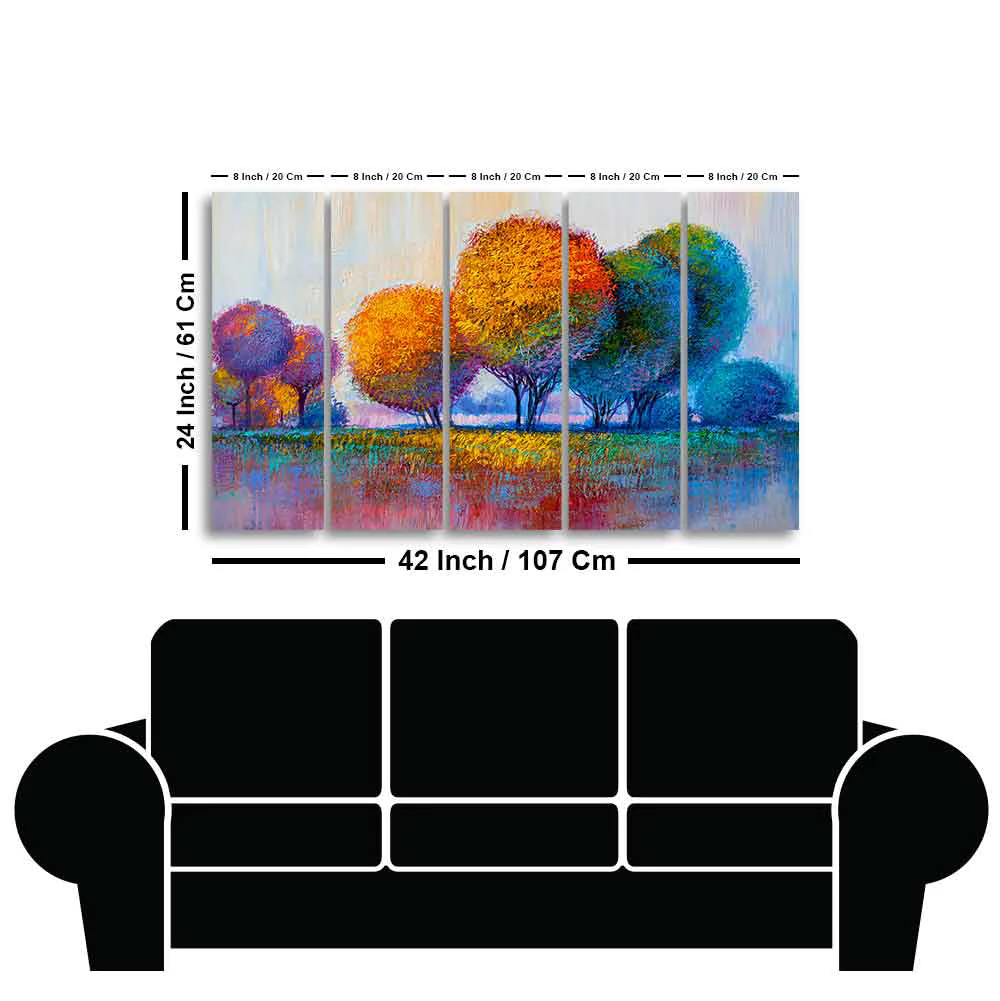 Colorful Trees Premium Canvas Wall Painting of Five Pieces - Image 6
