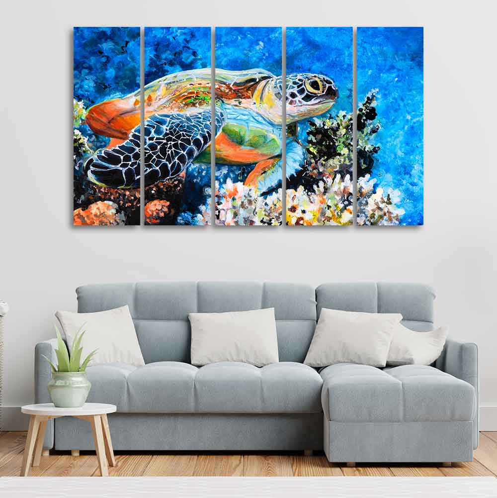 Colorful Turtle Canvas Wall Painting of Five Pieces - Image 3