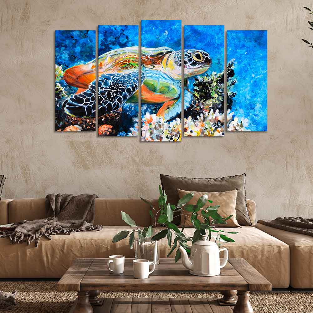 Colorful Turtle Canvas Wall Painting Set of Five - Image 3