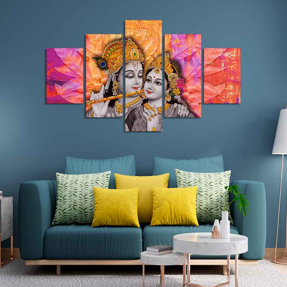 Colorful Wall Painting of Lord Radha Krishna of Five Pieces - Image 3