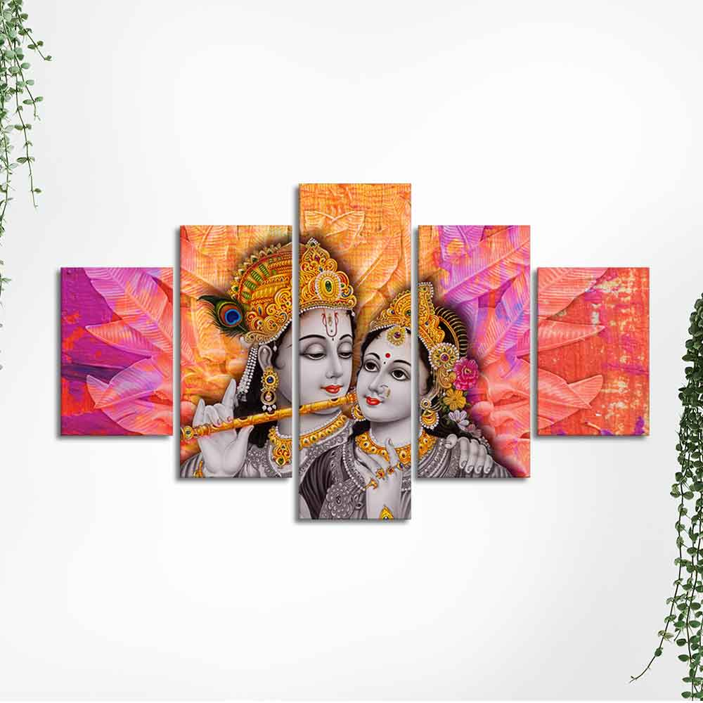 Colorful Wall Painting of Lord Radha Krishna of Five Pieces - Image 5