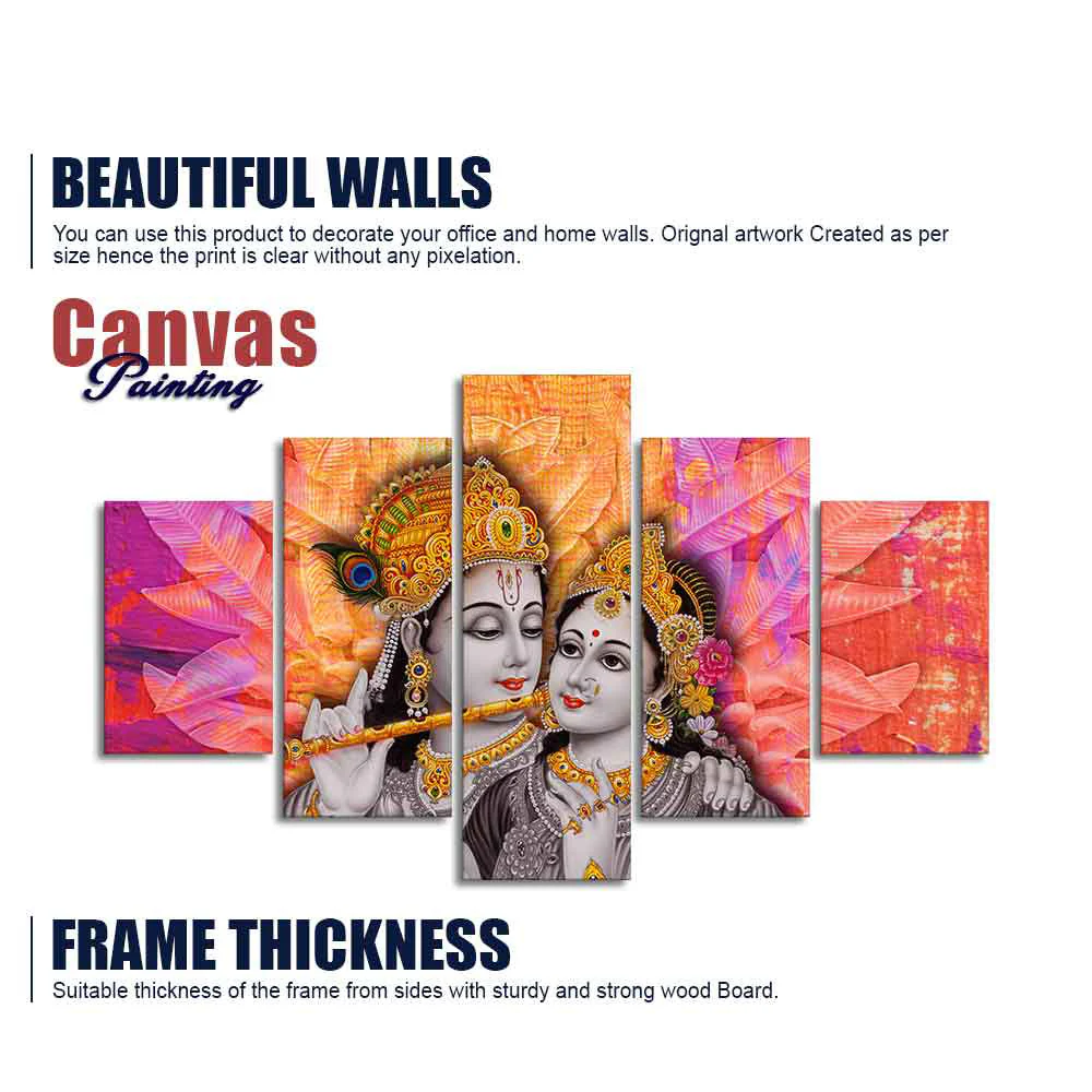 Colorful Wall Painting of Lord Radha Krishna of Five Pieces - Image 6
