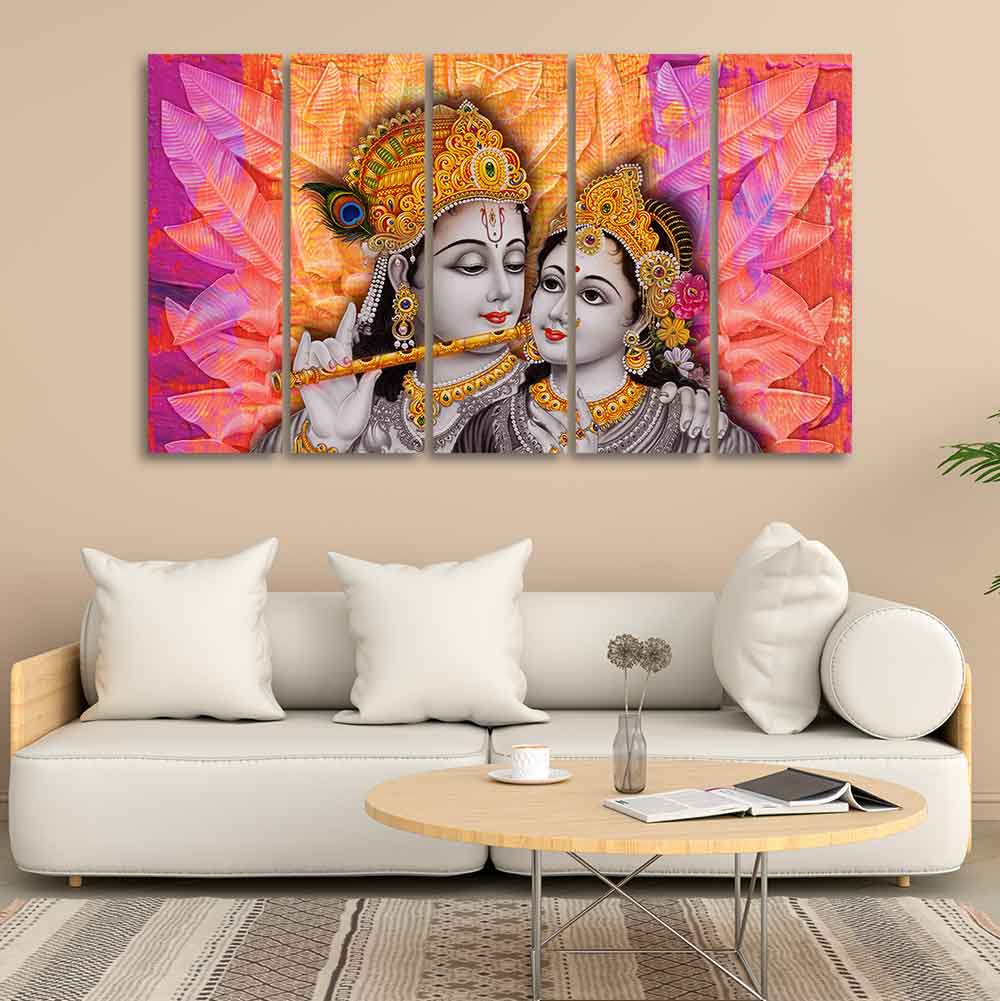 Colorful Wall Painting of Lord Radha Krishna Set of Five Pieces - Image 2