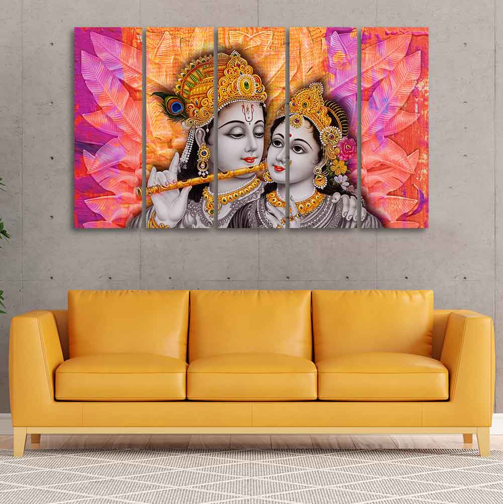 Colorful Wall Painting of Lord Radha Krishna Set of Five Pieces - Image 3