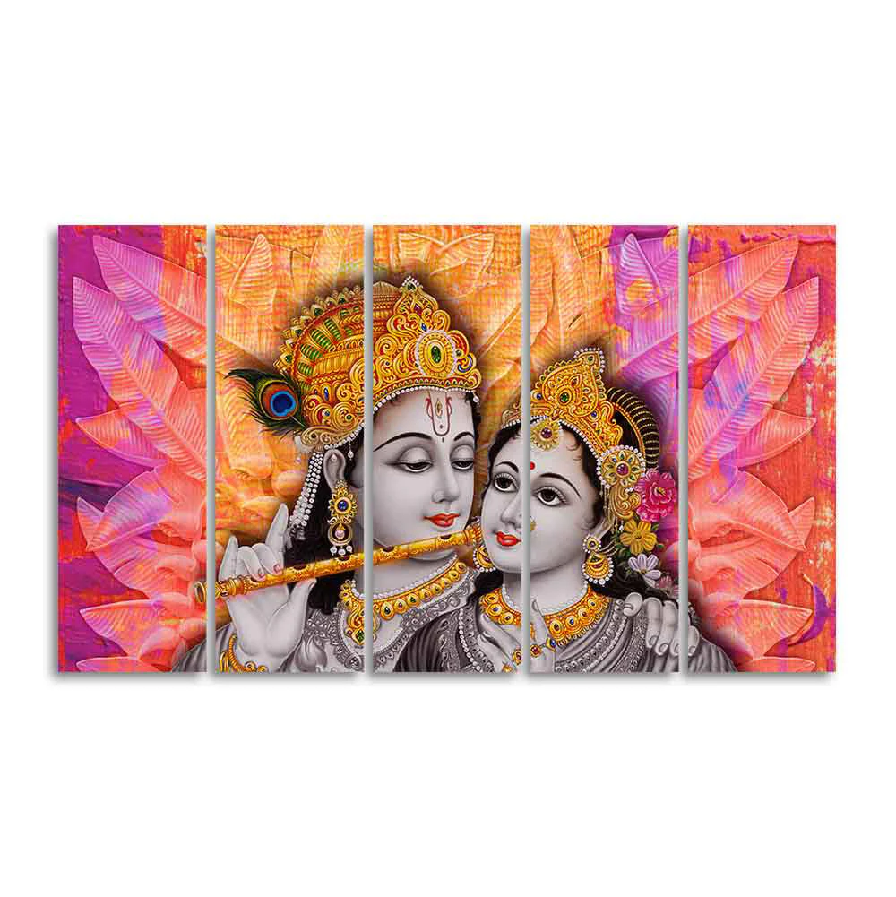 Colorful Wall Painting of Lord Radha Krishna Set of Five Pieces - Image 4
