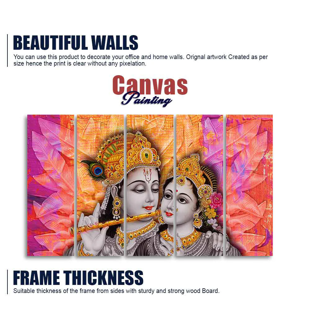 Colorful Wall Painting of Lord Radha Krishna Set of Five Pieces - Image 5
