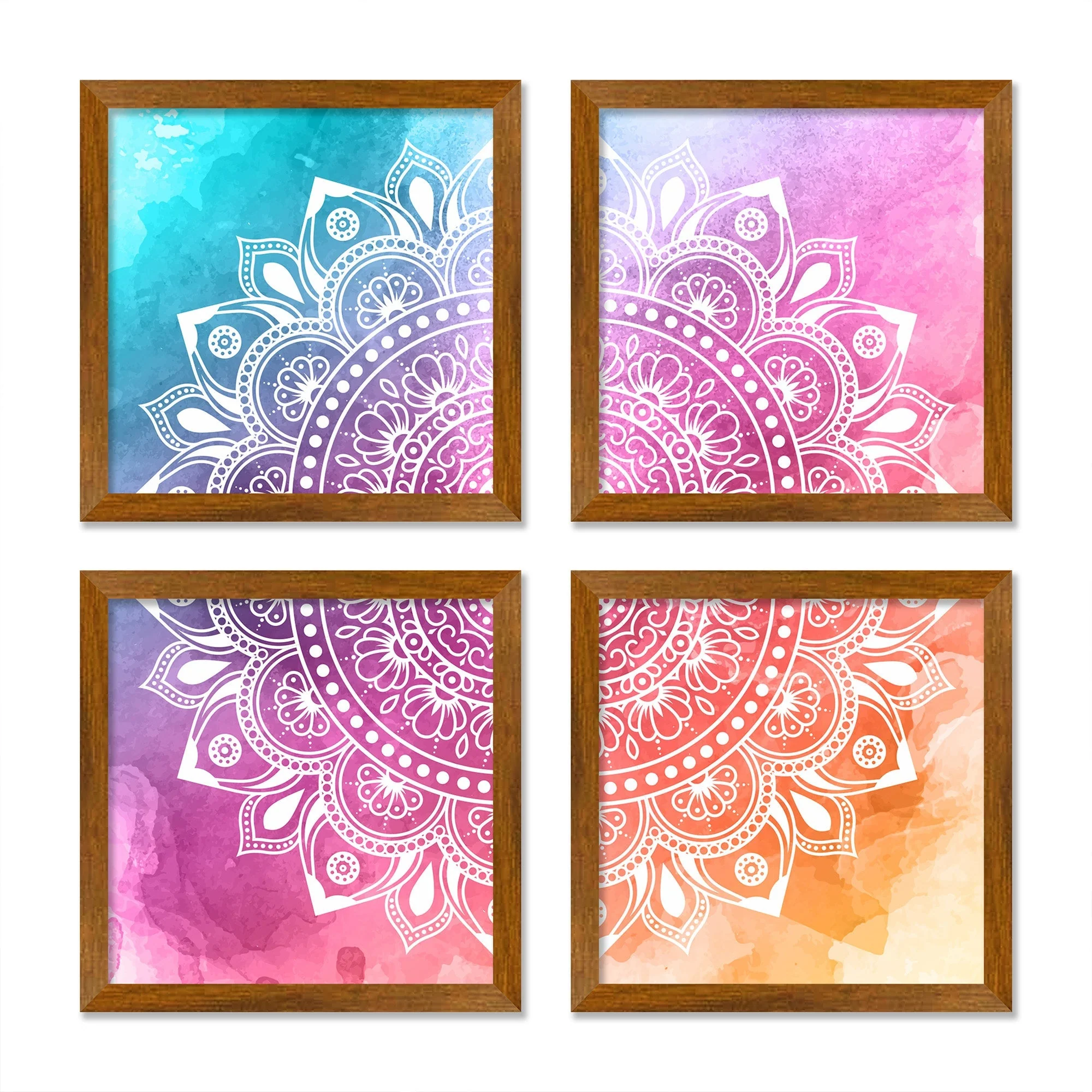 Colourful Mandala Floral Art Wooden Wall Frame Set of Four - Image 3