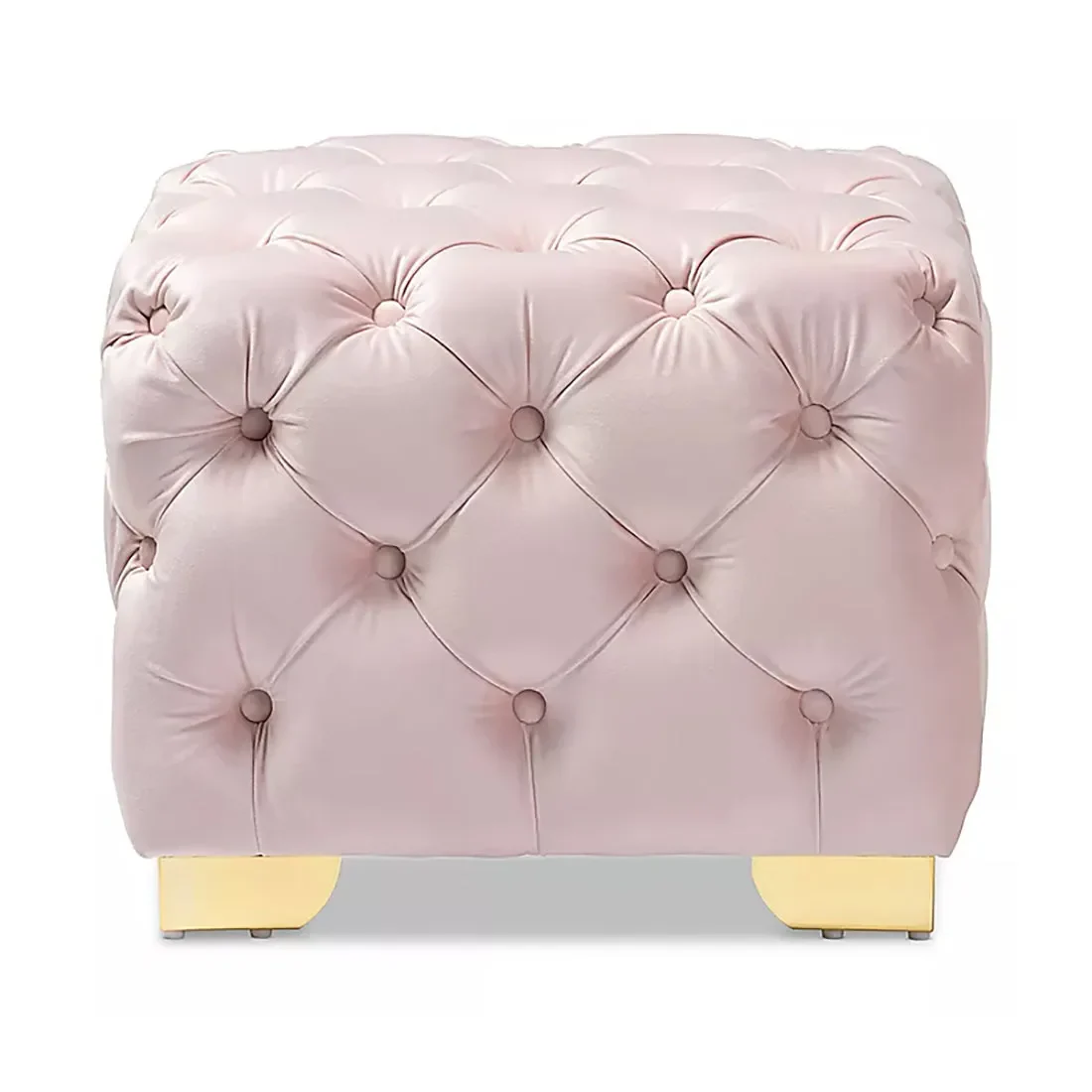 Comfy Square Shape Pink Velvet Ottoman with Golden Metal Finish - Image 5