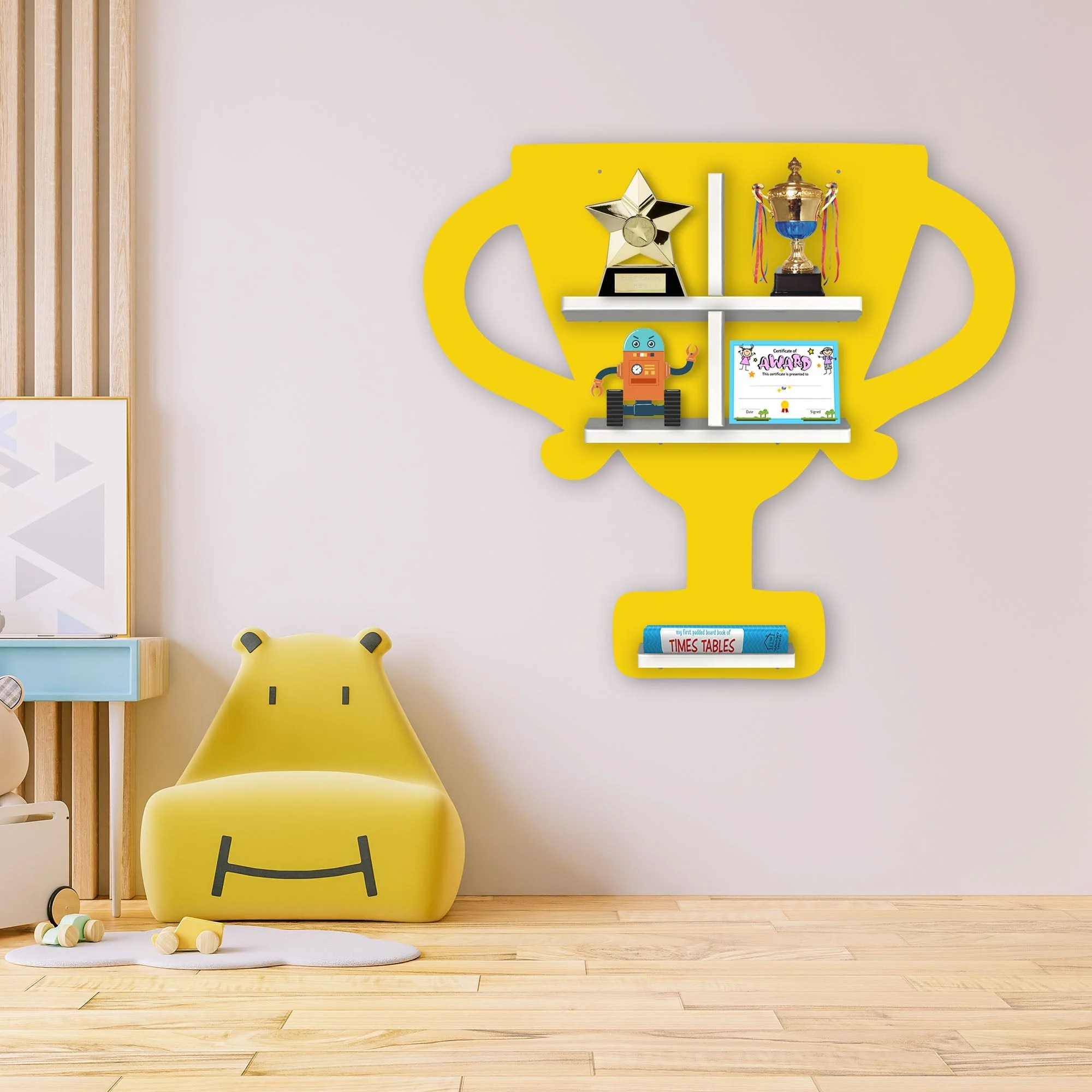 Competition Trophy Shape Wooden LED Light Wall Shelf for Kids - Image 3