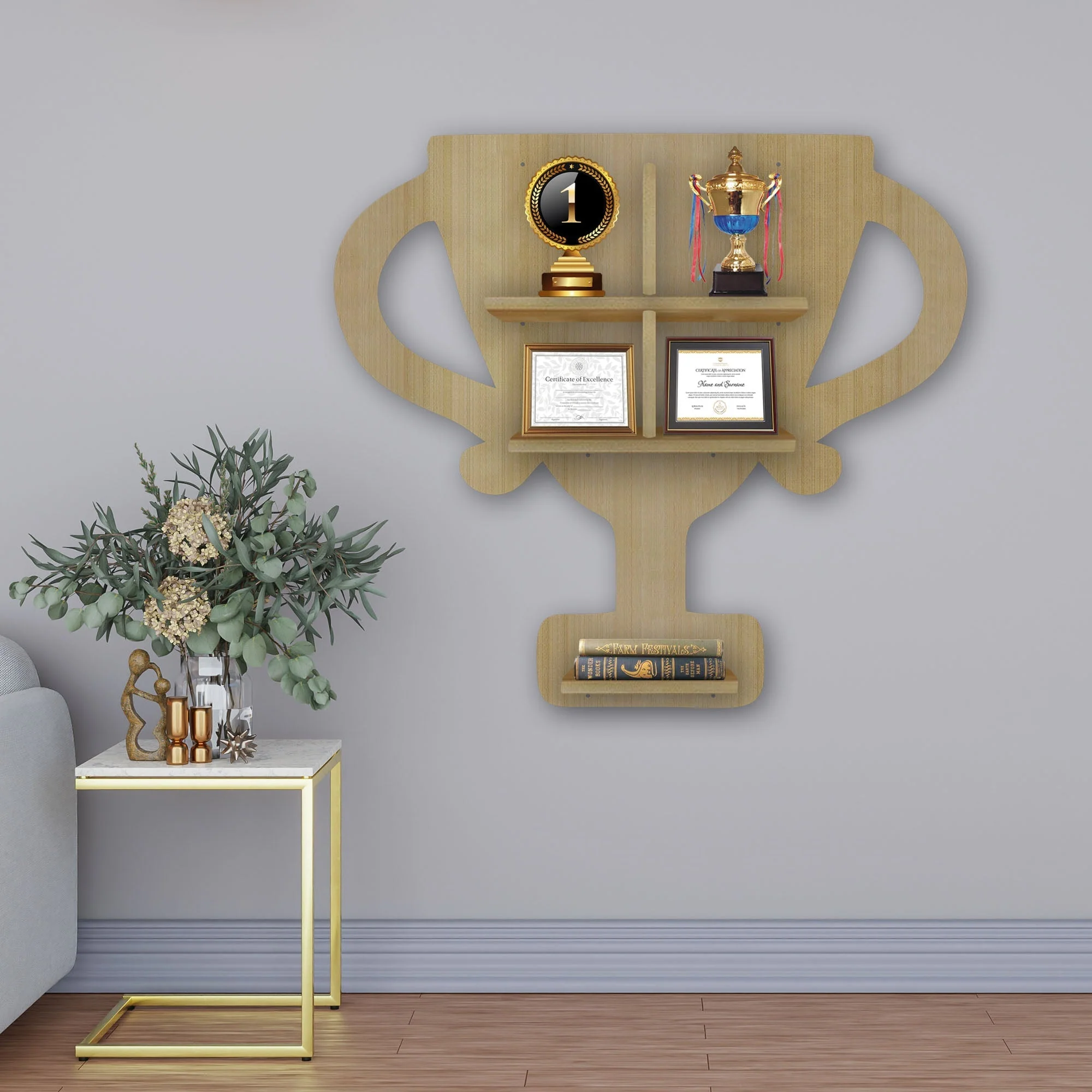 Competition Trophy Shape Wooden LED Light Wall Shelf with Oak Finish - Image 2