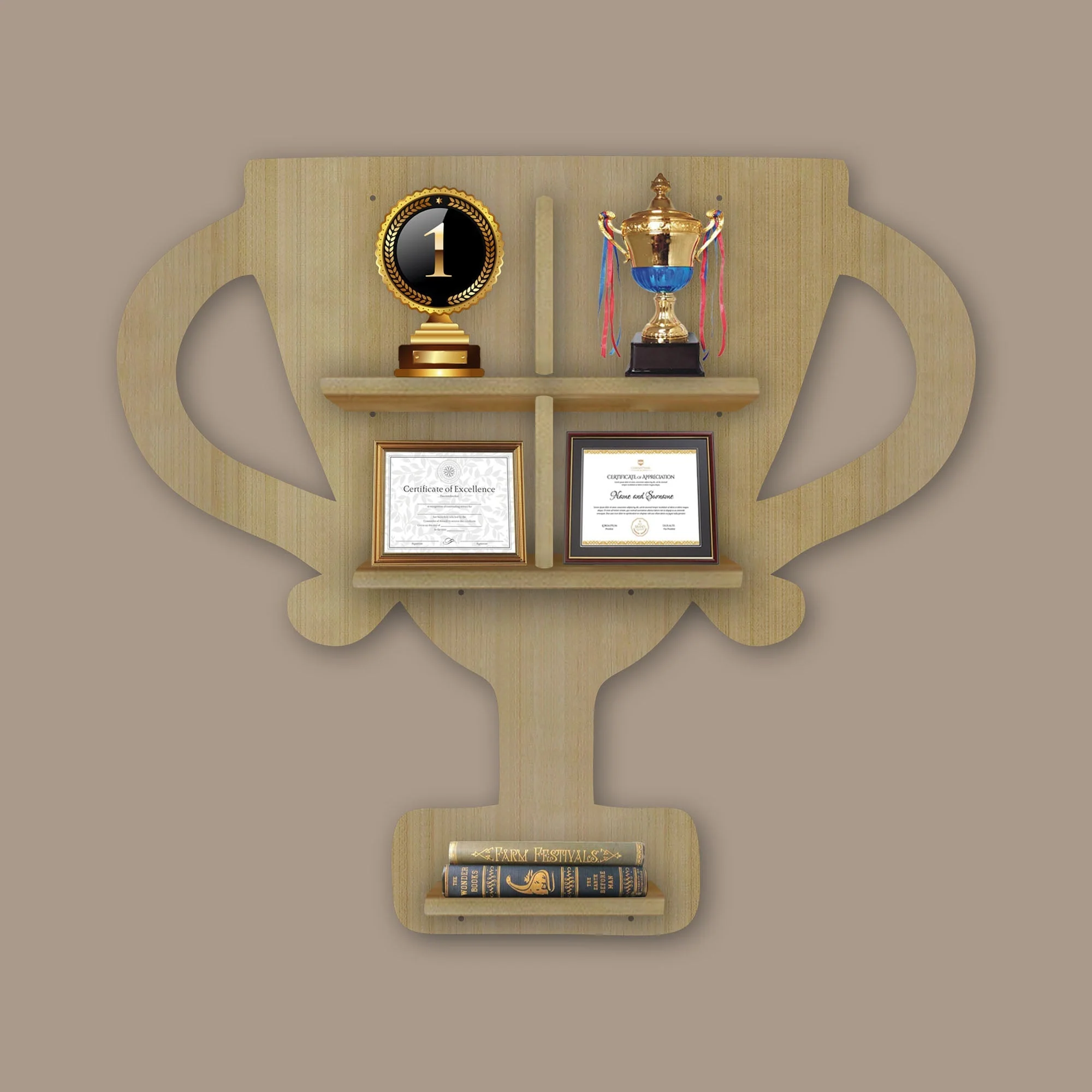 Competition Trophy Shape Wooden LED Light Wall Shelf with Oak Finish - Image 3
