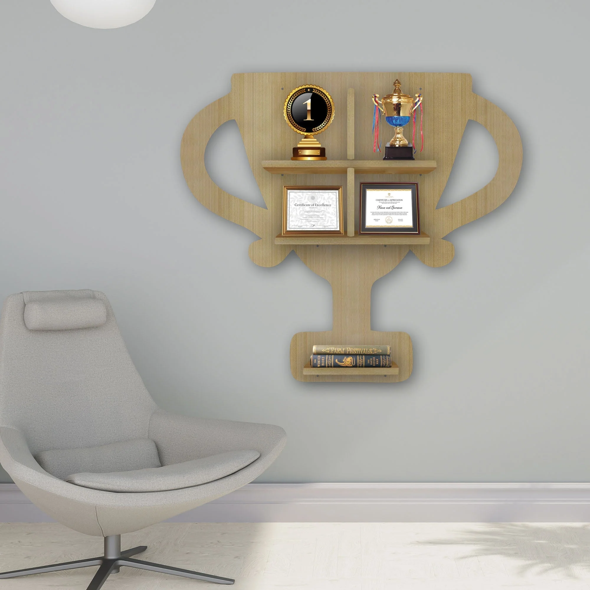 Competition Trophy Shape Wooden LED Light Wall Shelf with Oak Finish - Image 4