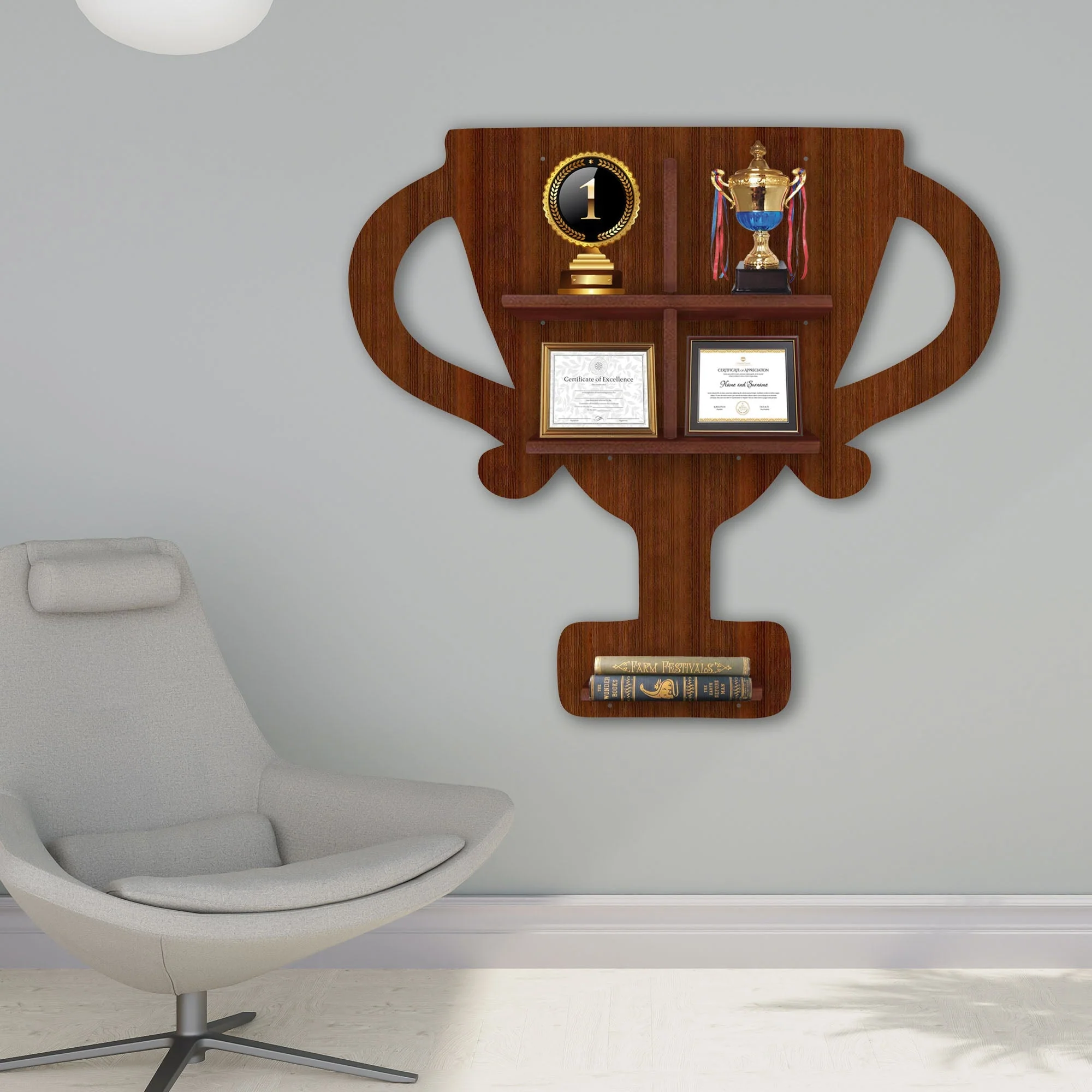 Competition Trophy Shape Wooden LED Light Wall Shelf with Walnut Finish - Image 2