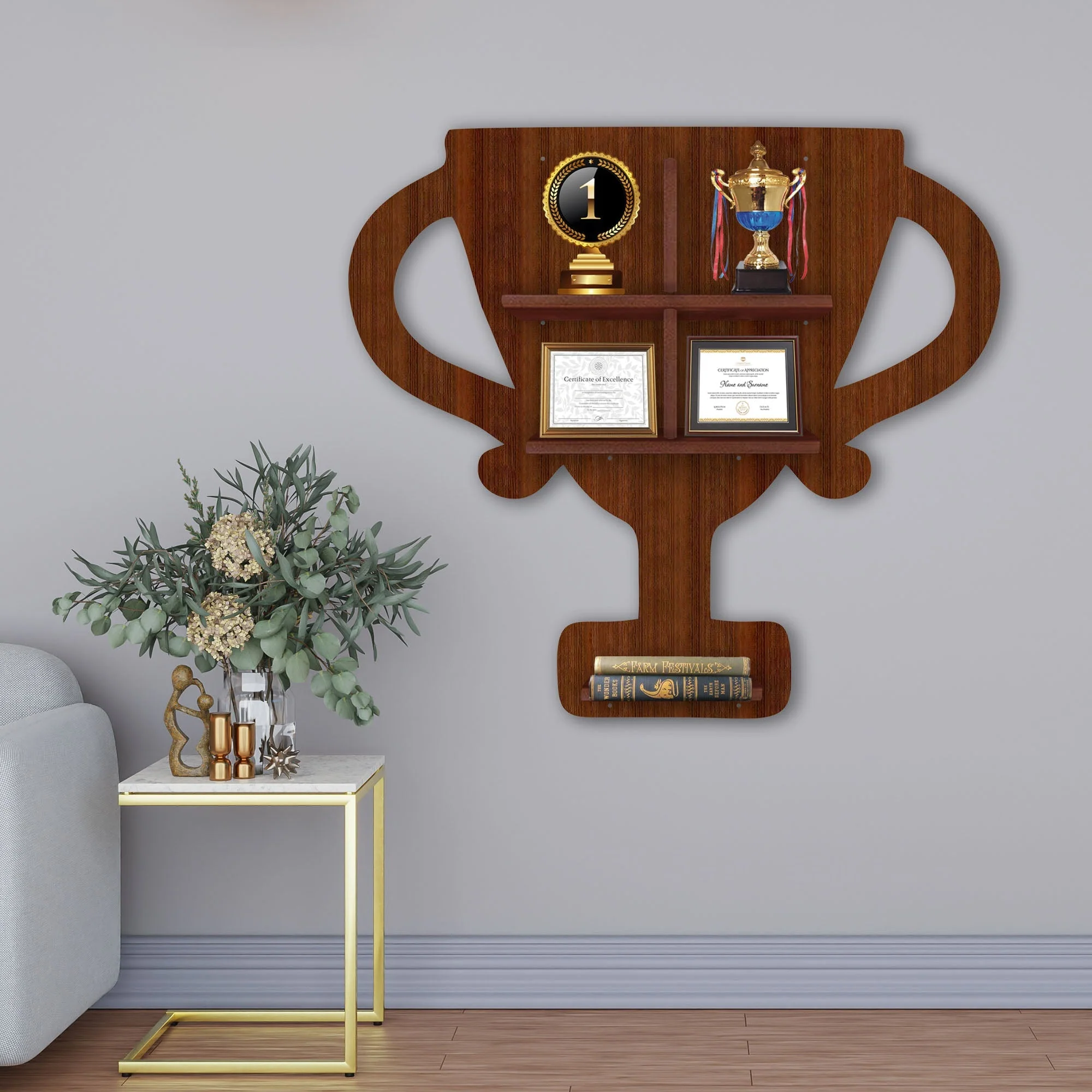 Competition Trophy Shape Wooden LED Light Wall Shelf with Walnut Finish - Image 3
