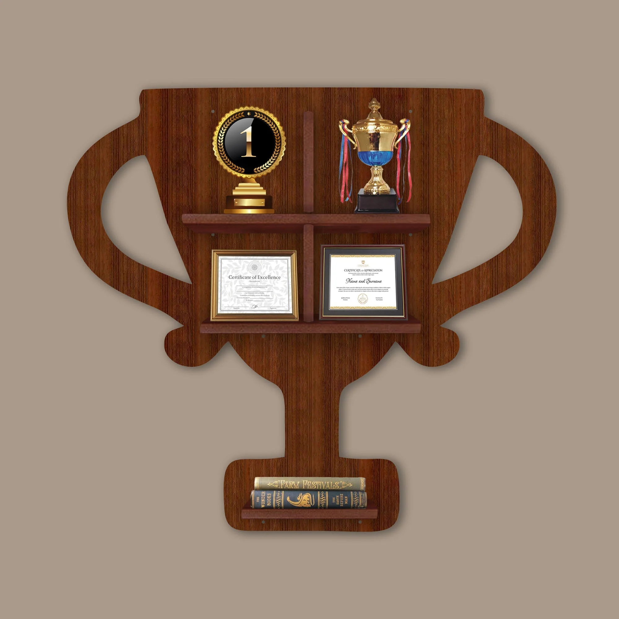 Competition Trophy Shape Wooden LED Light Wall Shelf with Walnut Finish - Image 4