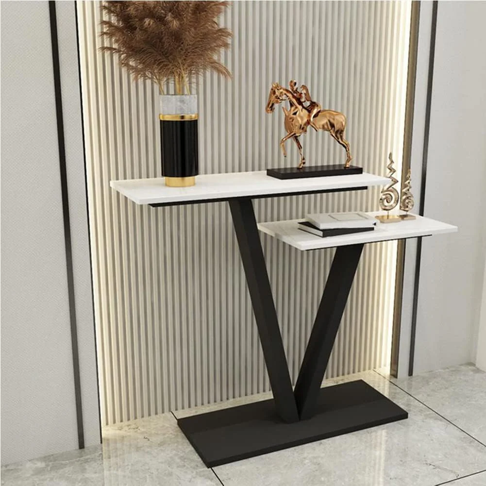 Contemporary 2 Tier White Marble Black Console Table - Image 3