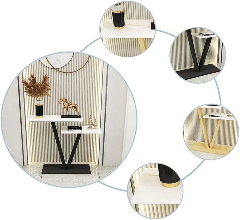 Contemporary 2 Tier White Marble Black Console Table - Image 5