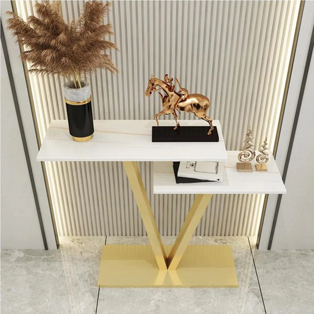 Contemporary 2 Tier White Marble Golden Console Table - Image 2