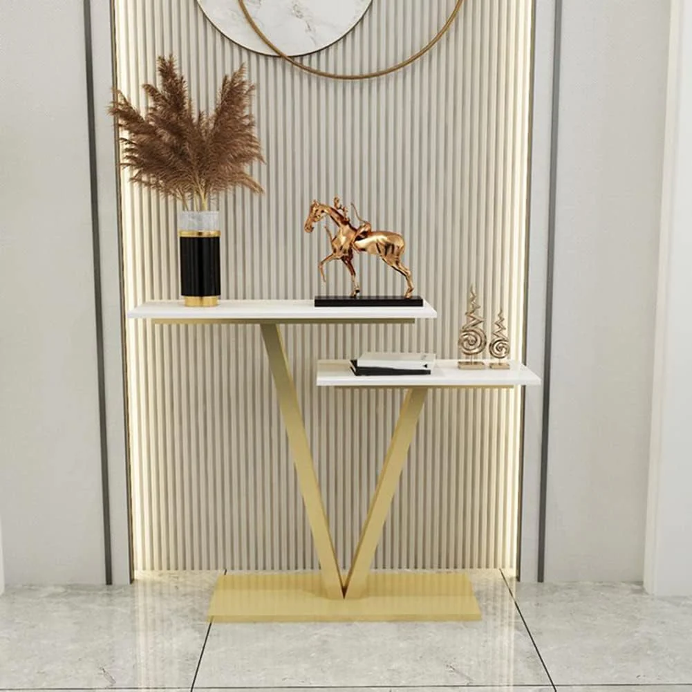 Contemporary 2 Tier White Marble Golden Console Table - Image 3