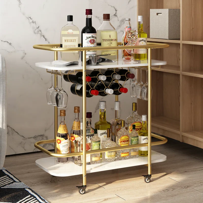 Contemporary Bar Cart Trolley with Golden Frame & Dual Shelves - Image 2