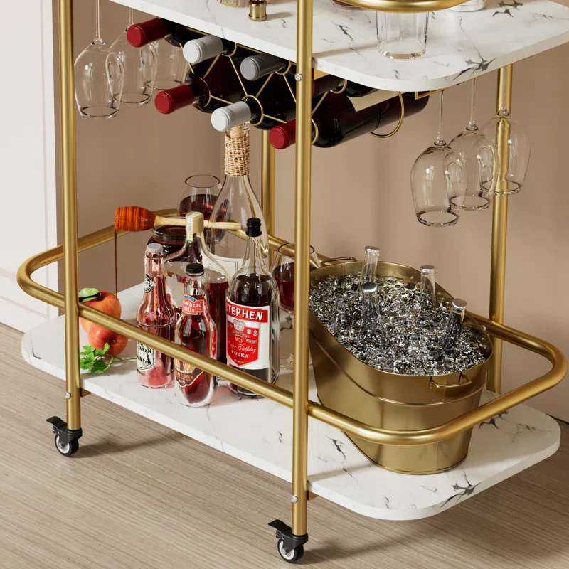 Contemporary Bar Cart Trolley with Golden Frame & Dual Shelves - Image 3