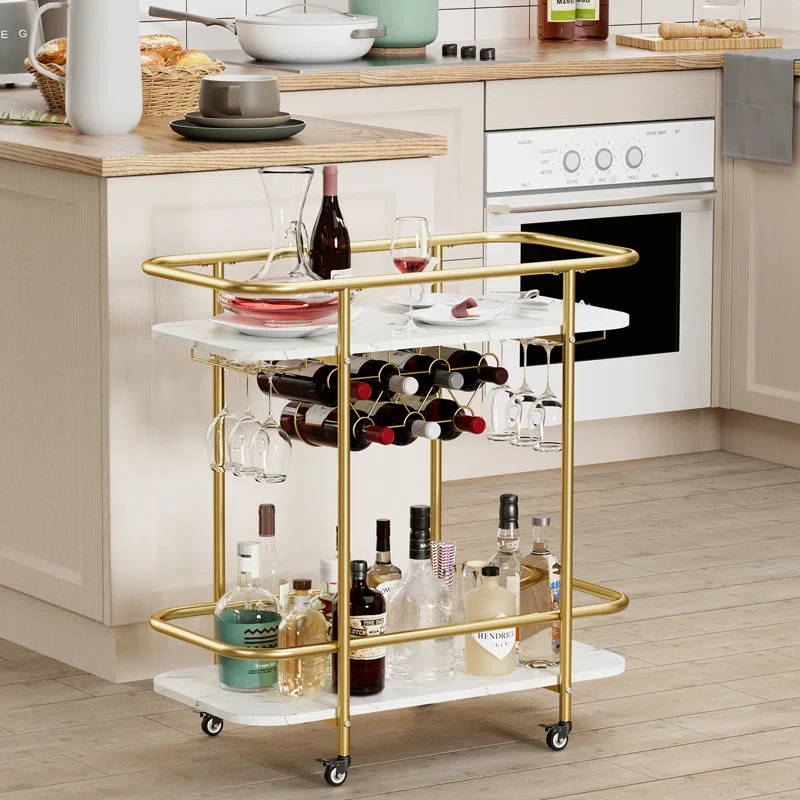 Contemporary Bar Cart Trolley with Golden Frame & Dual Shelves - Image 4