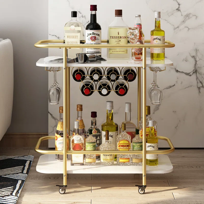 Contemporary Bar Cart Trolley with Golden Frame & Dual Shelves - Image 5