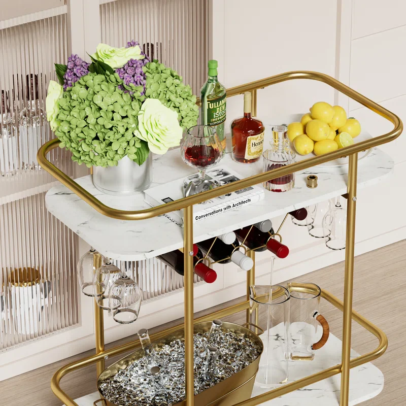 Contemporary Bar Cart Trolley with Golden Frame & Dual Shelves - Image 6