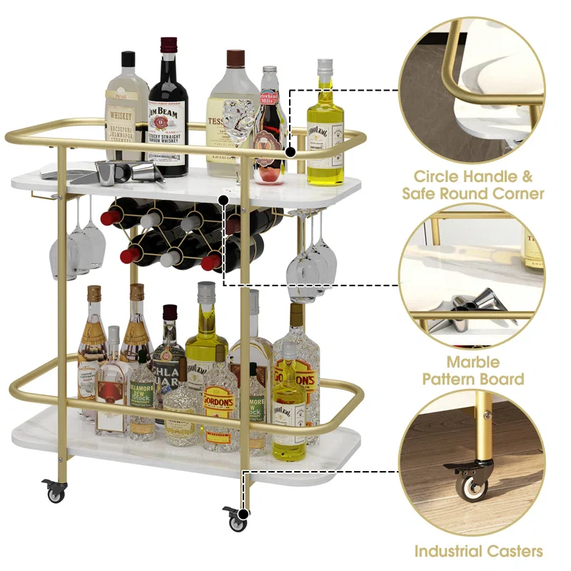 Contemporary Bar Cart Trolley with Golden Frame & Dual Shelves - Image 7