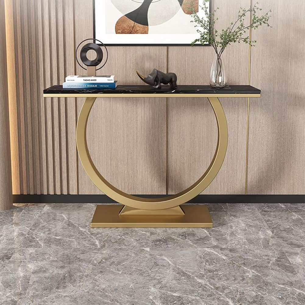 Contemporary Black Marble Console Table with Artistic Gold Circle Support - Image 2