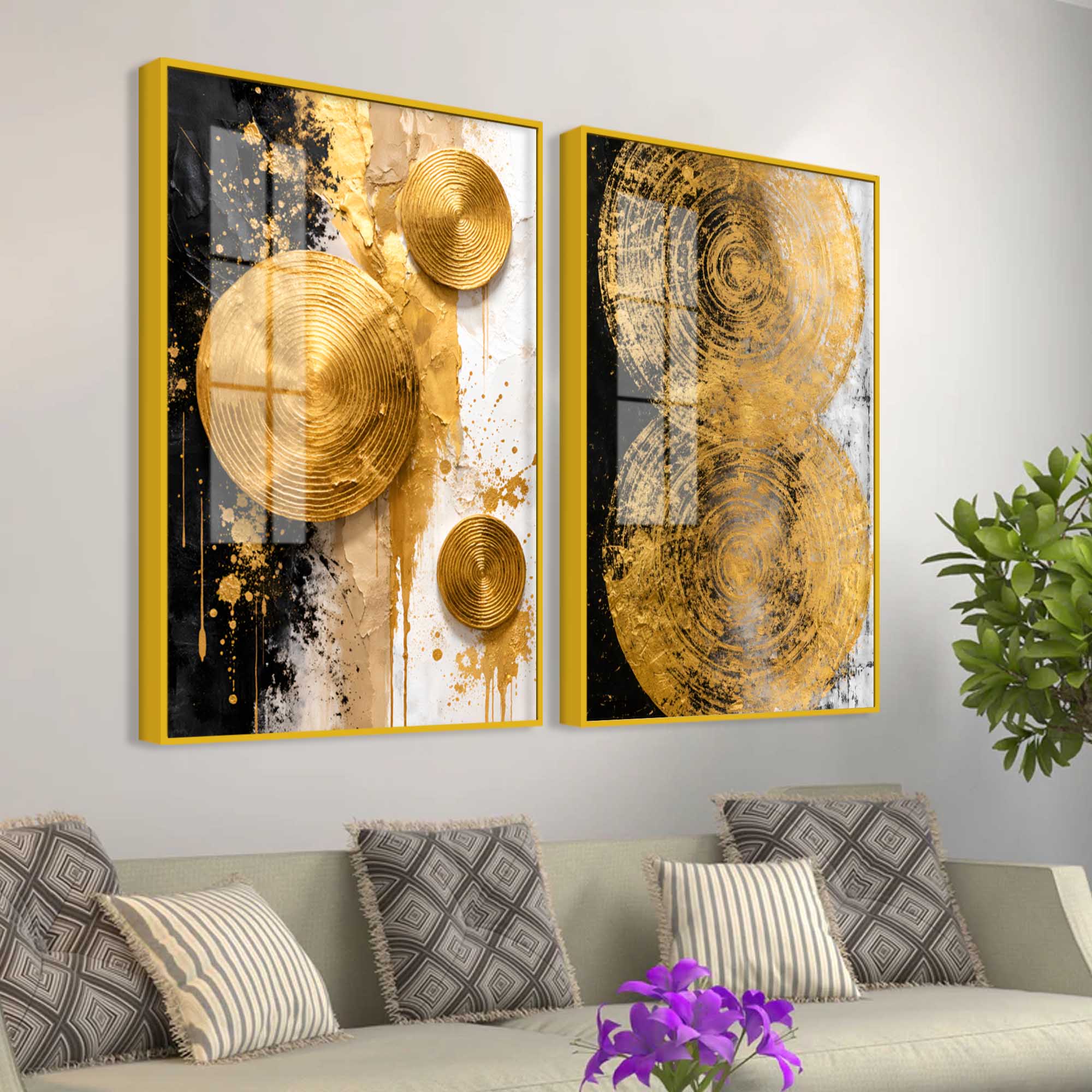 Contemporary Golden Sphere Abstract Acrylic Floating Wall Painting Set of 2 - Image 3