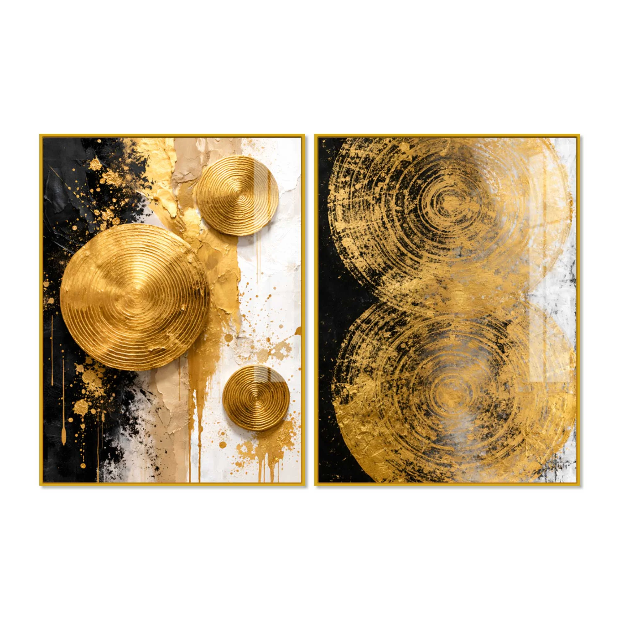 Contemporary Golden Sphere Abstract Acrylic Floating Wall Painting Set of 2 - Image 4