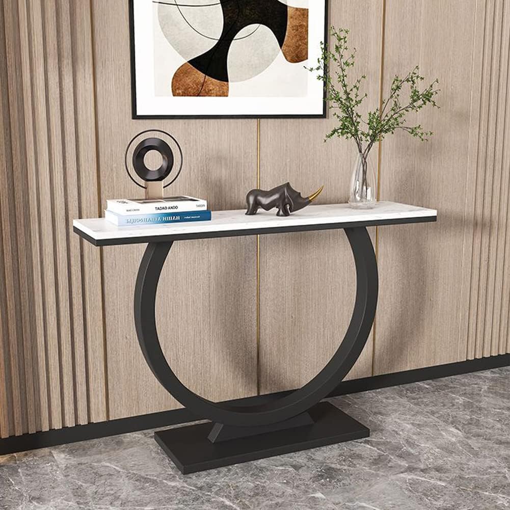 Contemporary Marble Console Table with Artistic Black Circle Support - Image 2