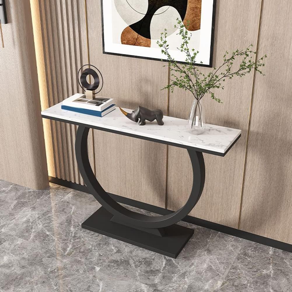 Contemporary Marble Console Table with Artistic Black Circle Support - Image 3
