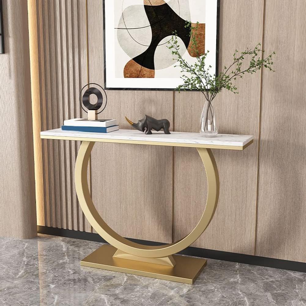 Contemporary Marble Console Table with Artistic Gold Circle Support - Image 2